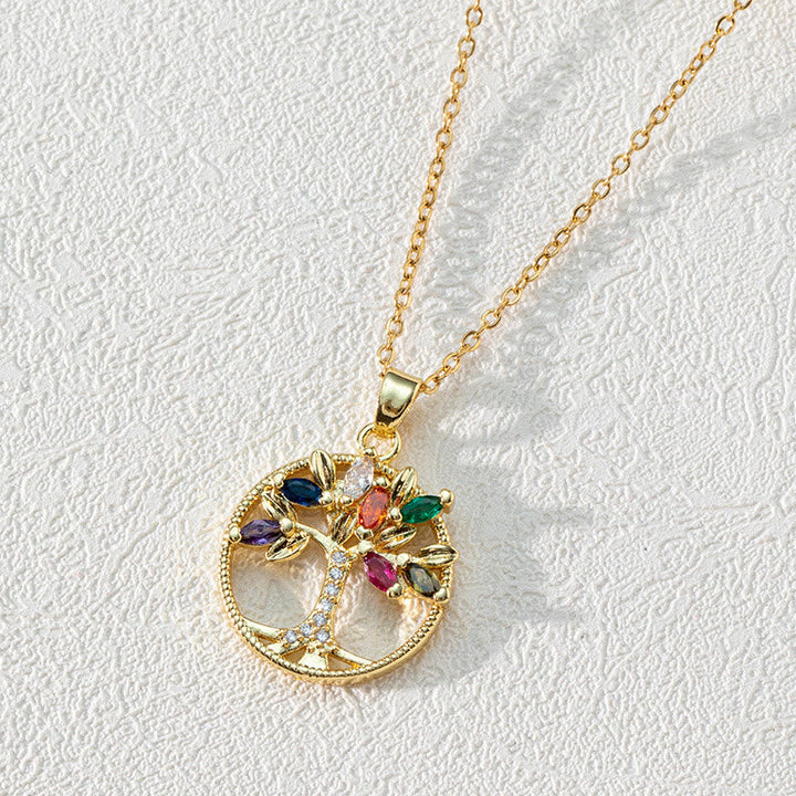 Zirconia Round Hollow Tree of Life Pendant - Necklace - Luna-White and Colourful Zircon Tree of Life-Nora Luxe